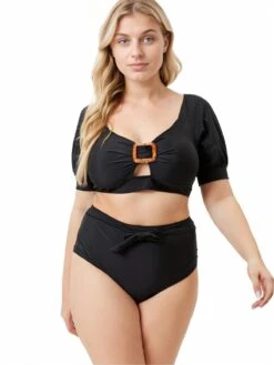 [Plus Size] Black 1960s Solid Hollow Puff Swimsuit -Women's Fashion Sales SCXL000138 B 1 3