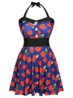 [Plus Size] Multicolor 1930s Colorblocked Strawberry Halter Swimsuit -Women's Fashion Sales SCXL000139 MC 01 2