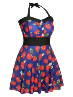 [Plus Size] Multicolor 1930s Colorblocked Strawberry Halter Swimsuit -Women's Fashion Sales SCXL000139 MC 01 3