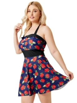 [Plus Size] Multicolor 1930s Colorblocked Strawberry Halter Swimsuit -Women's Fashion Sales SCXL000139 MC 1 2