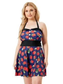 [Plus Size] Multicolor 1930s Colorblocked Strawberry Halter Swimsuit -Women's Fashion Sales SCXL000139 MC 1 4