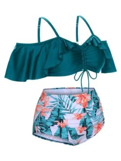 [Plus Size] Green 1950s Strap Floral Ruffles Swimsuit -Women's Fashion Sales SCXL000144 2 compressed