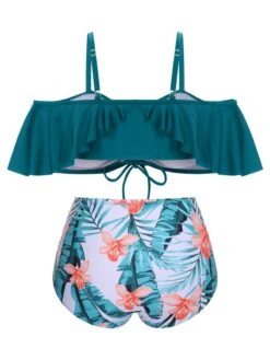 [Plus Size] Green 1950s Strap Floral Ruffles Swimsuit -Women's Fashion Sales SCXL000144 3 compressed