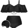 [Plus Size] Black 1950s Strap Dolman Sleeve Swimsuit -Women's Fashion Sales SCXL000145 01