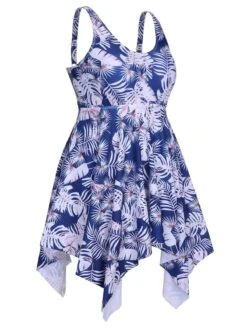 [Plus Size] Blue 1950s Leaves Spaghetti Strap Swimsuit -Women's Fashion Sales SCXL000147 2