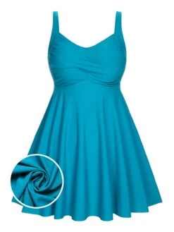 [Plus Size] 1950s Spaghetti Strap Solid Swimsuit