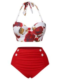 [Pre-Sale] 2PCS Red 1960s Roses Halter Swimsuit & Skirt Cover-Up -Women's Fashion Sales SCXL000153 1 compressed