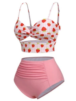 [Pre-Sale] Pink 1960s Strawberry Plaid Halter Swimsuit -Women's Fashion Sales SCXL000173 2