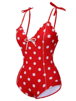 Red 1950s Polka Dot Shoulder Tie Swimsuit -Women's Fashion Sales SCXL000177 2