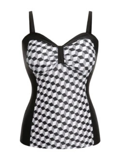 [Plus Size] Black & White 1960s Geometric Lace-Up Swimsuit -Women's Fashion Sales SCXL000181 B 01 2