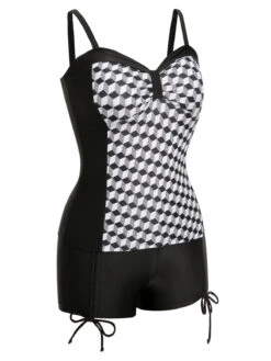 [Plus Size] Black & White 1960s Geometric Lace-Up Swimsuit -Women's Fashion Sales SCXL000181 B 01 5