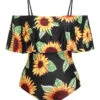 [Plus Size] Black 1940s Sunflower Cold-Shoulder Swimsuit -Women's Fashion Sales SCXL000183 MC 01 2