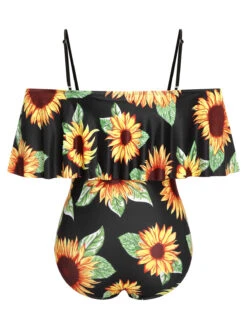 [Plus Size] Black 1940s Sunflower Cold-Shoulder Swimsuit -Women's Fashion Sales SCXL000183 MC 01 4