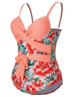 [Plus Size] 1940s Strap Flowers One-Piece Swimsuit -Women's Fashion Sales SCXL000186 2