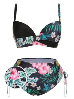 [Plus Size] 1940S Tropical Plant Patchwork Lace-Up Swimsuit