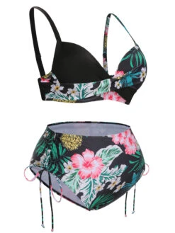 [Plus Size] 1940S Tropical Plant Patchwork Lace-Up Swimsuit -Women's Fashion Sales SCXL000187 2