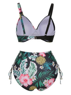 [Plus Size] 1940S Tropical Plant Patchwork Lace-Up Swimsuit -Women's Fashion Sales SCXL000187 3