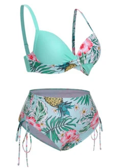 [Plus Size] 1940S Tropical Plant Patchwork Lace-Up Swimsuit -Women's Fashion Sales SCXL000187 8