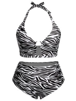 [Plus Size] 1940s Zebra Print Cutout Halter Swimsuit -Women's Fashion Sales SCXL000192 13