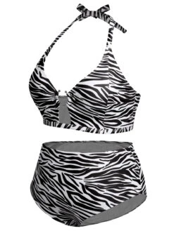 [Plus Size] 1940s Zebra Print Cutout Halter Swimsuit -Women's Fashion Sales SCXL000192 14