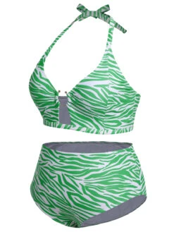 [Plus Size] 1940s Zebra Print Cutout Halter Swimsuit -Women's Fashion Sales SCXL000192 2