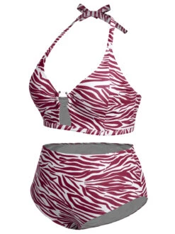 [Plus Size] 1940s Zebra Print Cutout Halter Swimsuit -Women's Fashion Sales SCXL000192 8