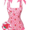 Pink 1960s Strawberry Plaid One-Piece Swimsuit -Women's Fashion Sales SCXL000195 01