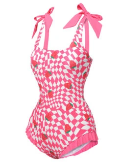 Pink 1960s Strawberry Plaid One-Piece Swimsuit -Women's Fashion Sales SCXL000195 2