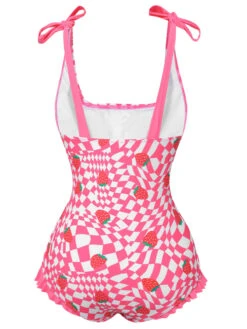 Pink 1960s Strawberry Plaid One-Piece Swimsuit -Women's Fashion Sales SCXL000195 3