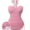 Pink 1950s Halter Pleated Solid One-Piece Swimsuit -Women's Fashion Sales SCXL000197 01 compressed
