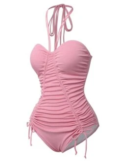 Pink 1950s Halter Pleated Solid One-Piece Swimsuit -Women's Fashion Sales SCXL000197 2 compressed