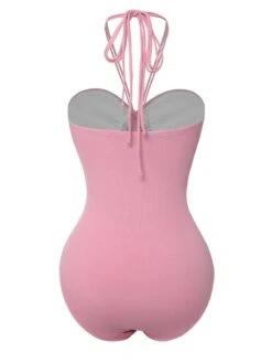 Pink 1950s Halter Pleated Solid One-Piece Swimsuit -Women's Fashion Sales SCXL000197 3 compressed