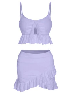 1950s Spaghetti Strap Solid Ruffles Swimsuit & Cover-Up