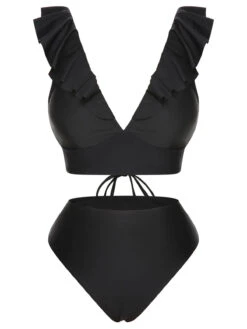 1950s Solid Ruffle Lace-Up V-Neck Swimsuit -Women's Fashion Sales SCXL000218 1