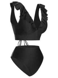 1950s Solid Ruffle Lace-Up V-Neck Swimsuit -Women's Fashion Sales SCXL000218 2