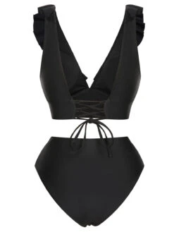 1950s Solid Ruffle Lace-Up V-Neck Swimsuit -Women's Fashion Sales SCXL000218 3