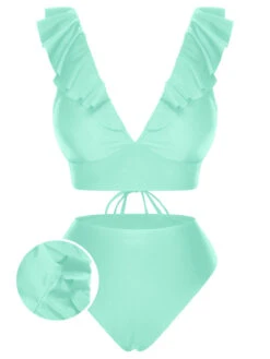 1950s Solid Ruffle Lace-Up V-Neck Swimsuit -Women's Fashion Sales SCXL000218 G 01