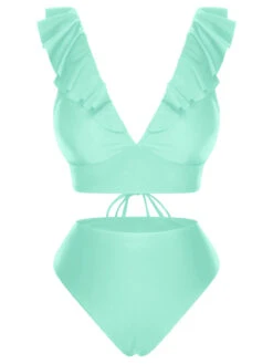 1950s Solid Ruffle Lace-Up V-Neck Swimsuit -Women's Fashion Sales SCXL000218 G 1