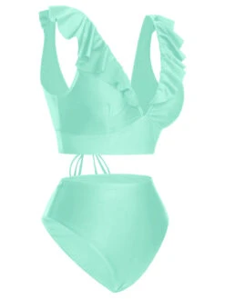 1950s Solid Ruffle Lace-Up V-Neck Swimsuit -Women's Fashion Sales SCXL000218 G 2