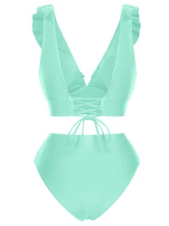 1950s Solid Ruffle Lace-Up V-Neck Swimsuit -Women's Fashion Sales SCXL000218 G 3