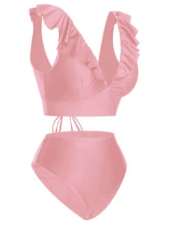 1950s Solid Ruffle Lace-Up V-Neck Swimsuit -Women's Fashion Sales SCXL000218 P 2