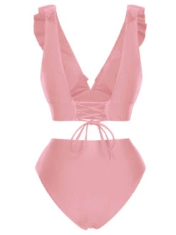 1950s Solid Ruffle Lace-Up V-Neck Swimsuit -Women's Fashion Sales SCXL000218 P 3