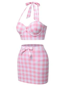 Pink 1950s Halter Plaids Bow Swimsuit -Women's Fashion Sales SCXL000223 2 compressed