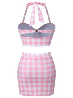 Pink 1950s Halter Plaids Bow Swimsuit -Women's Fashion Sales SCXL000223 3 compressed