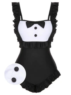 Black 1960s Maid Ruffle Strap Swimsuit