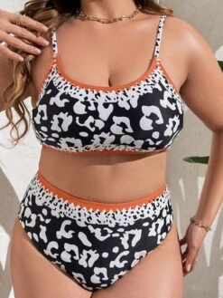 [Plus Size] Black 1950s Leopard Contrast Swimsuit -Women's Fashion Sales SCXL000245 B 2
