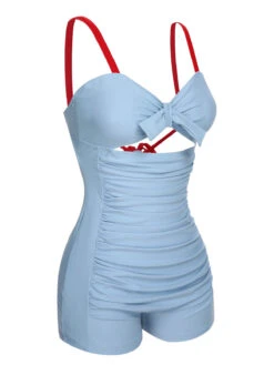 Blue 1930s Folds Back Strap One-Piece Swimsuit -Women's Fashion Sales SCXL000254 2