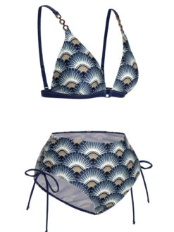 Blue 1930s Ancient Fan Lace-Up Bikini Set -Women's Fashion Sales SCXL000257 2