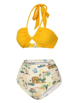 Yellow 1970s Retro Architectural Pattern Halter Swimsuit -Women's Fashion Sales SCXL000273 2