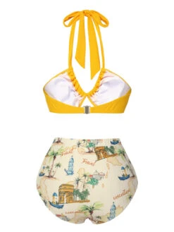 Yellow 1970s Retro Architectural Pattern Halter Swimsuit -Women's Fashion Sales SCXL000273 3